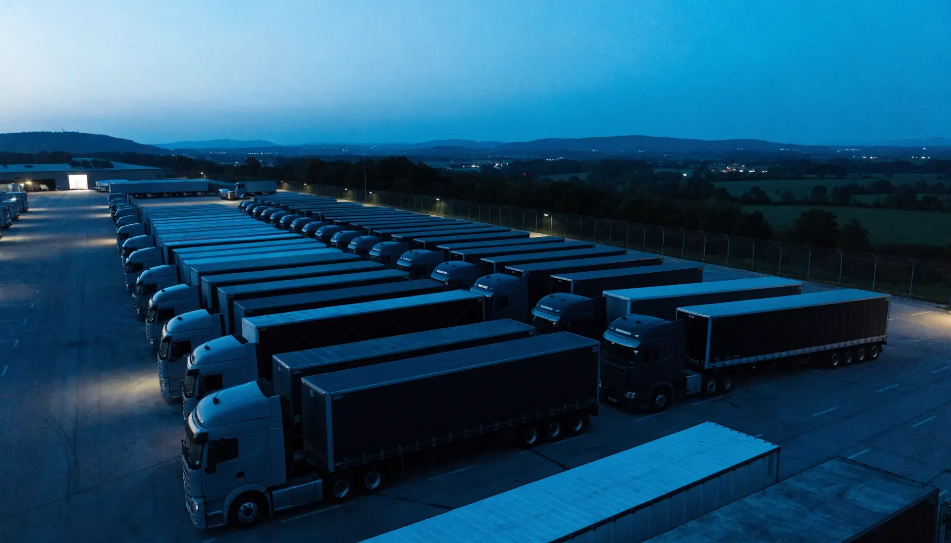 A fleet of commercial trucks parked at a depot