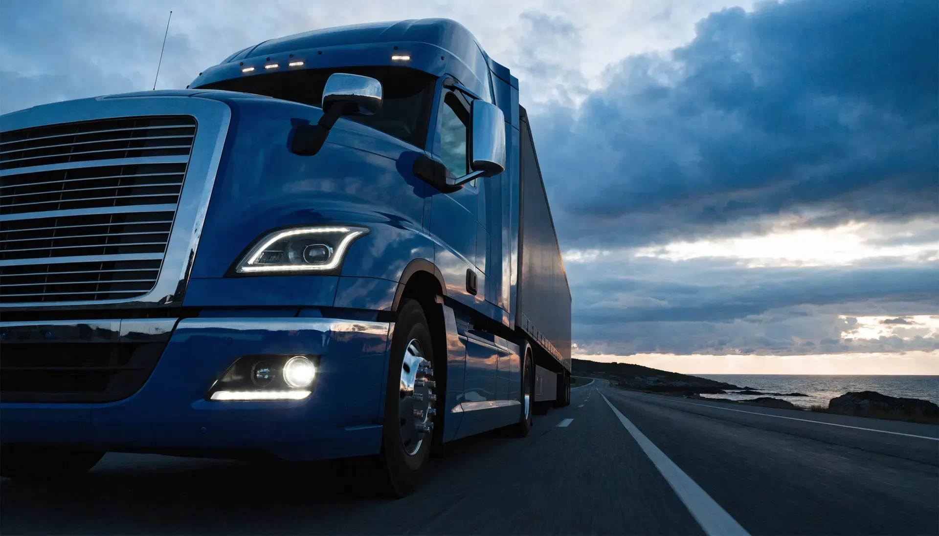 A commercial semi-truck on an open highway at dusk